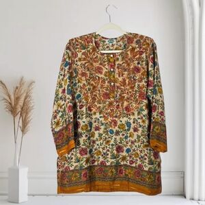 Dolma Hand Embroidered Floral Print Silk Blend Tunic Top Womens Size Medium